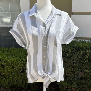 beachlunchlounge Grey and White Striped Cotton Tie Front Shirt NWOT